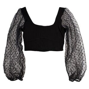 Black Sheer Polka Dot Sheer Puff Sleeve Square Neck Crop Top Womens Size M